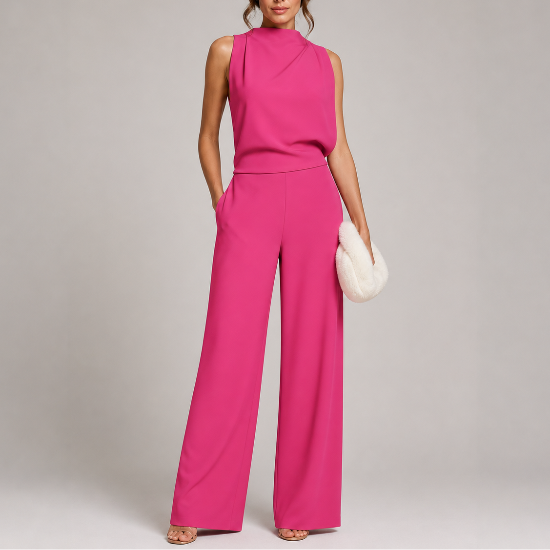 Ærmeløs jumpsuit med høj hals og brede ben