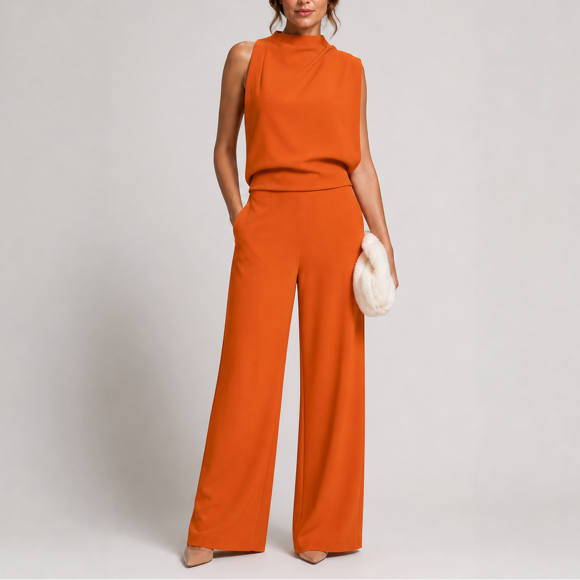 Ærmeløs jumpsuit med høj hals og brede ben