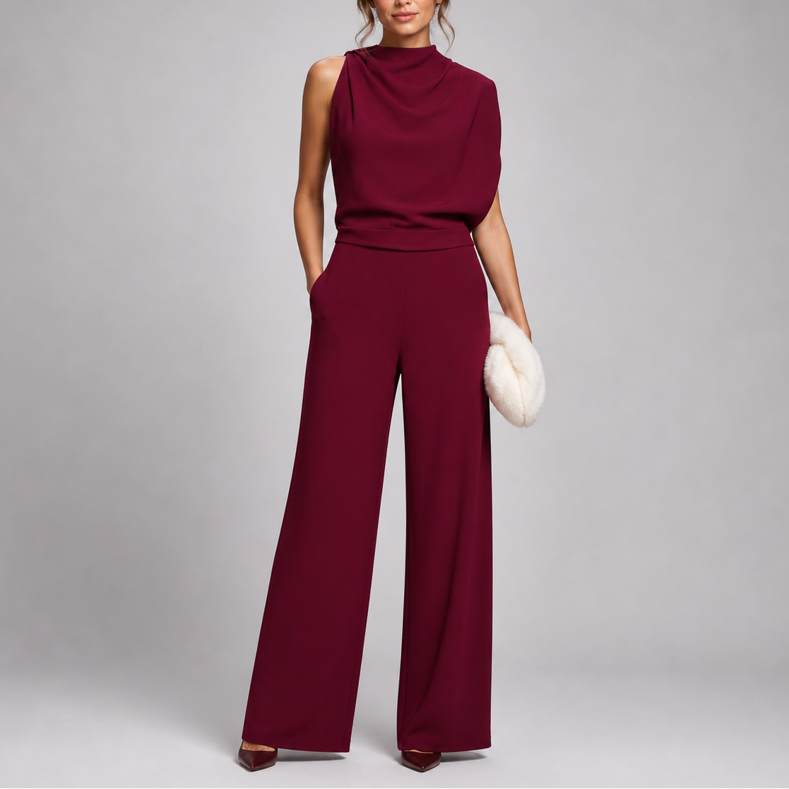 Ærmeløs jumpsuit med høj hals og brede ben
