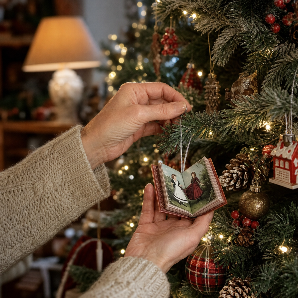 Miniature julekalender udformet som en smal bogreol med dekorative udskæringer