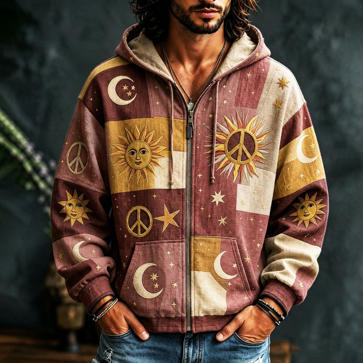 Herrehoodie med lynlås, flerfarvet patchwork og sol-, måne- og stjernemotiver
