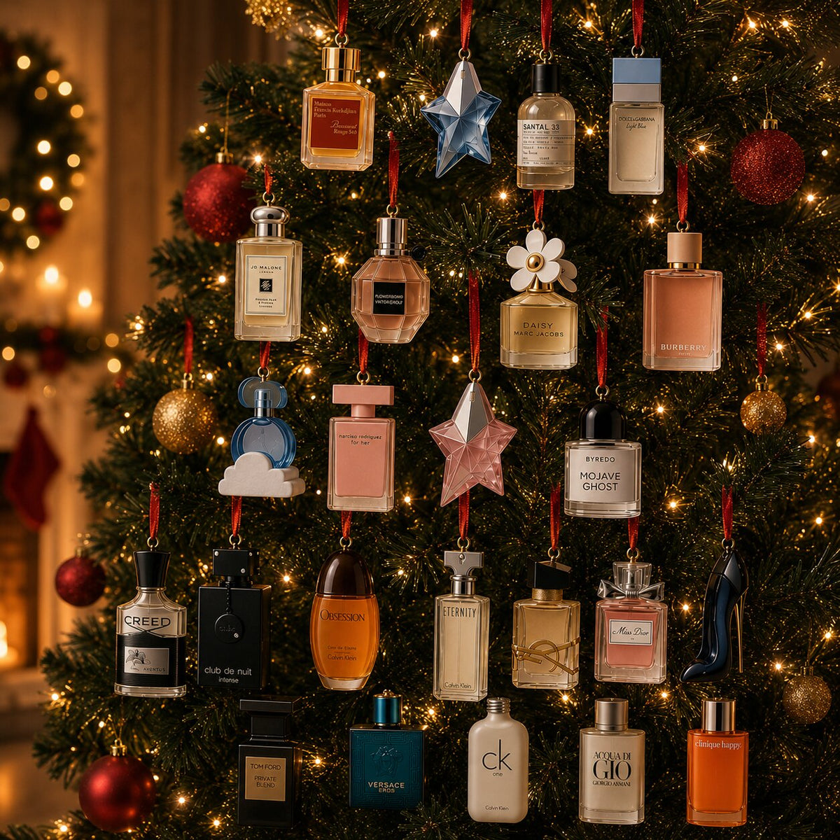 Rød parfume-adventskalender 2026 med guldfarvet parfumeillustration og snefnug