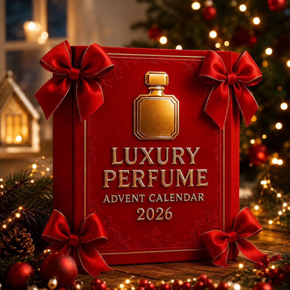 Rød parfume-adventskalender 2026 med guldfarvet parfumeillustration og snefnug