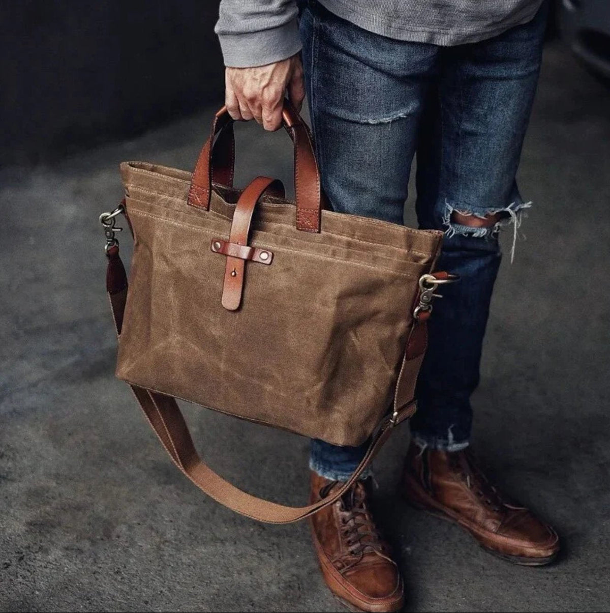 Soren | Herre shopper i vokset canvas med læderhanke
