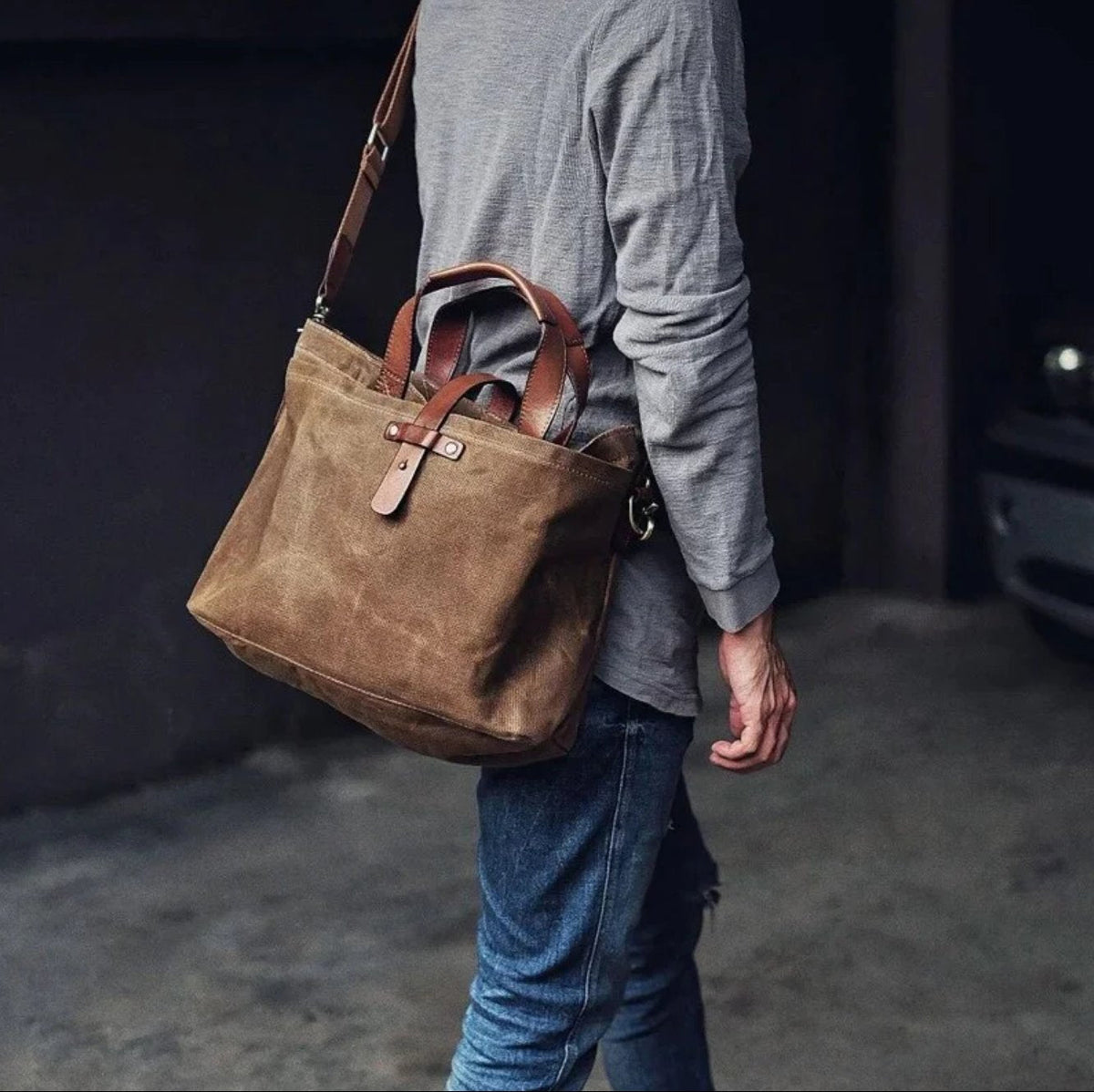 Soren | Herre shopper i vokset canvas med læderhanke