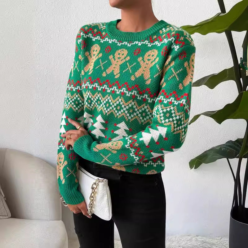 Thea | Dame julesweater med kagemænd og juletræer