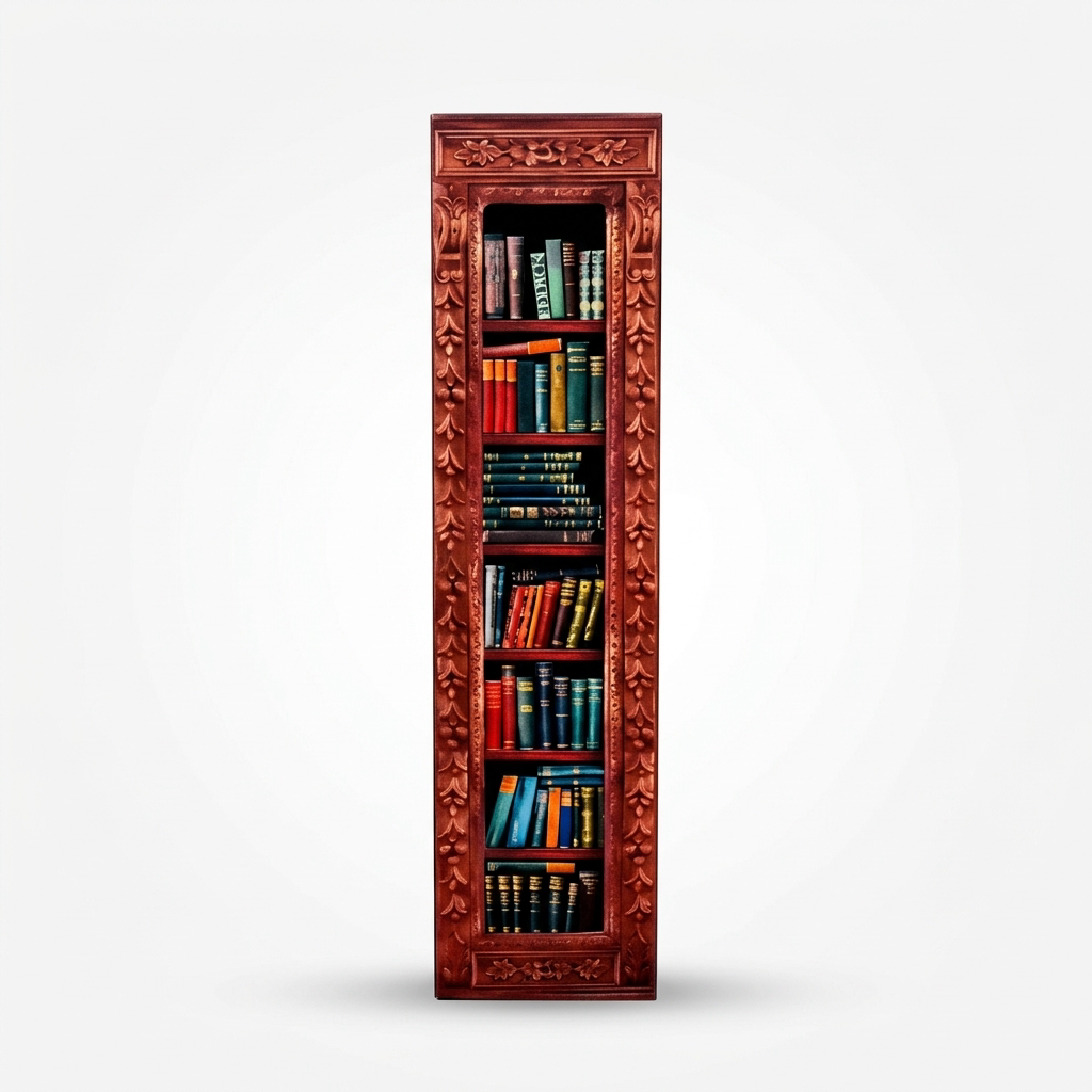 Miniature julekalender udformet som en smal bogreol med dekorative udskæringer