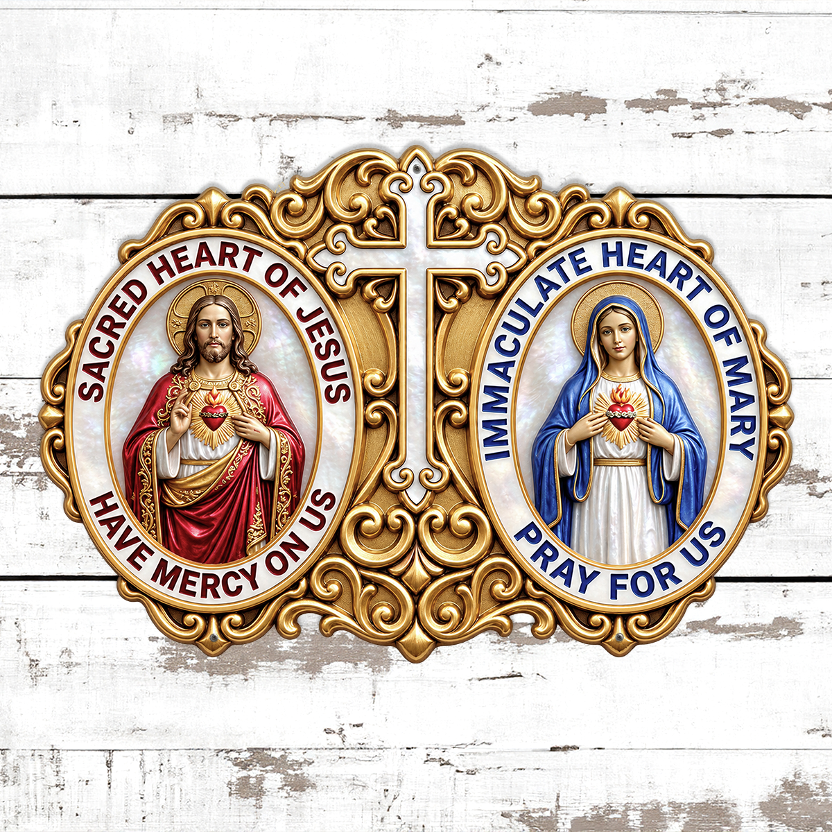 Formskåret guldfarvet metalskilt med Jesu og Marias hellige hjerter og kors