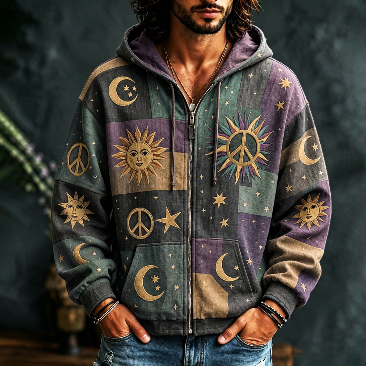 Herrehoodie med lynlås, flerfarvet patchwork og sol-, måne- og stjernemotiver