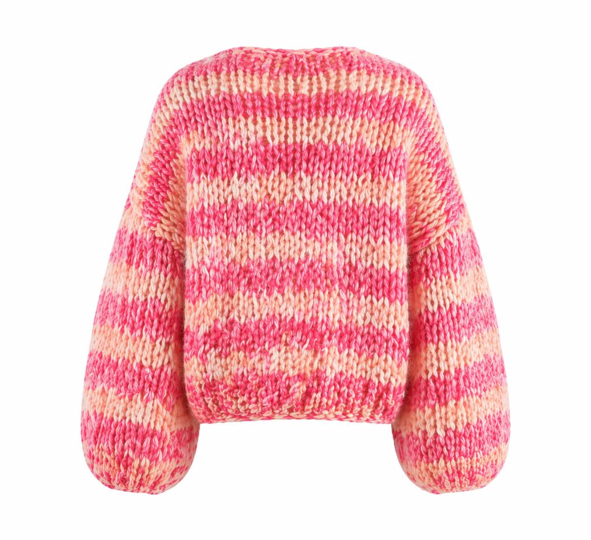 Damecardigan i pink og creme med strikkede striber og åben front